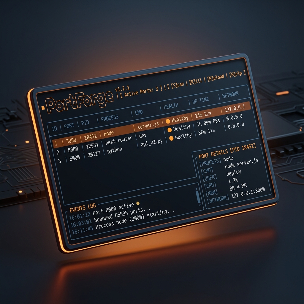 PortForge terminal interface listing active ports with status and detail panels.