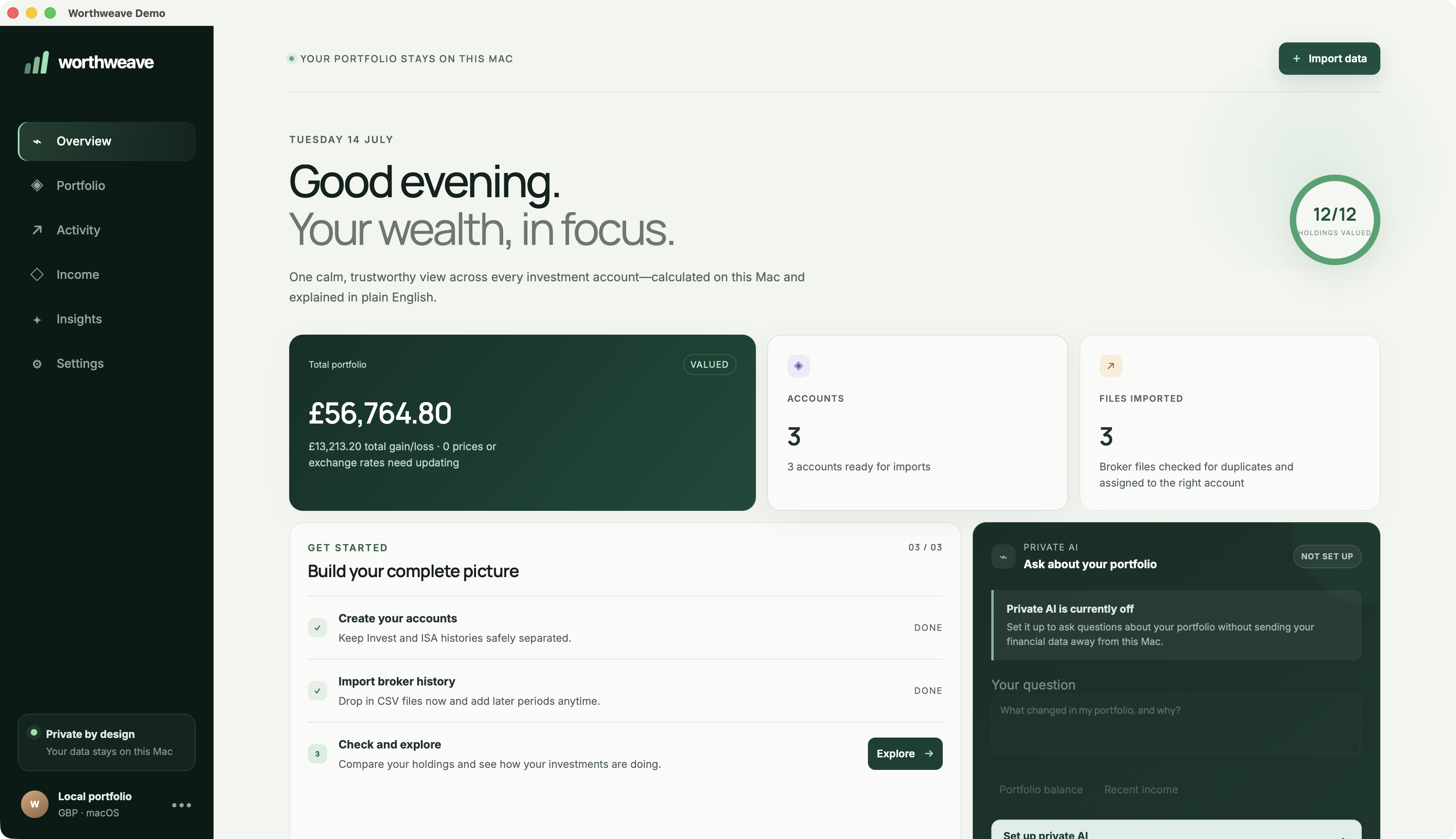 Worthweave overview showing a fictional consolidated portfolio
